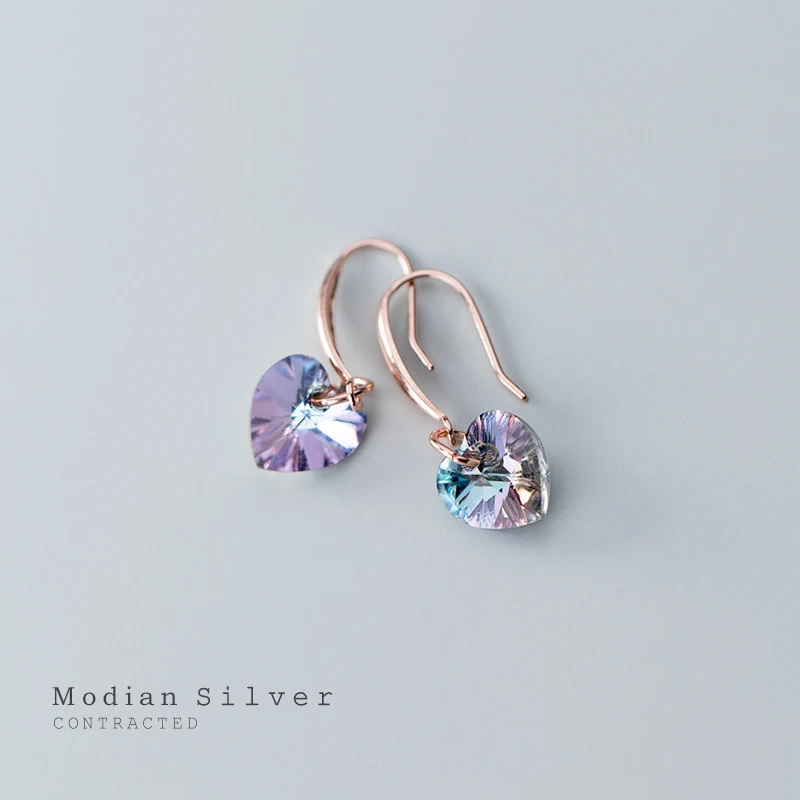 Modian Authentic 925 Sterling Silver Charm Ear Heart Shape Rainbow Crystal Dangle Earrings for Women Lady Fashion Jewelry Gift