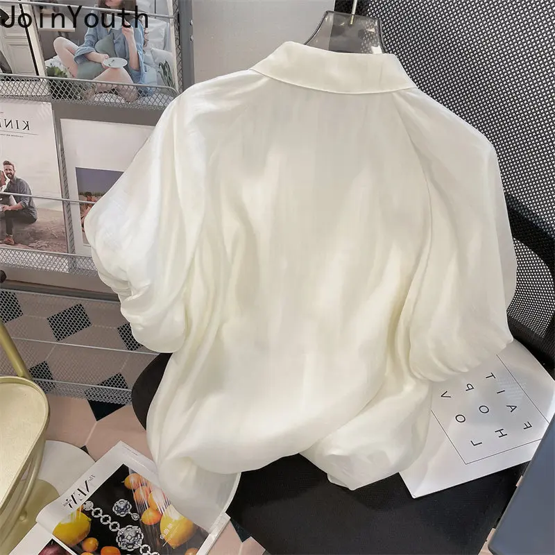 2023 Blusas De Mujer Chiffon Summer Blouses for Women Temperament Tops Loose Puff Sleeve Vintage Blouse Solid Color Chic Shirts