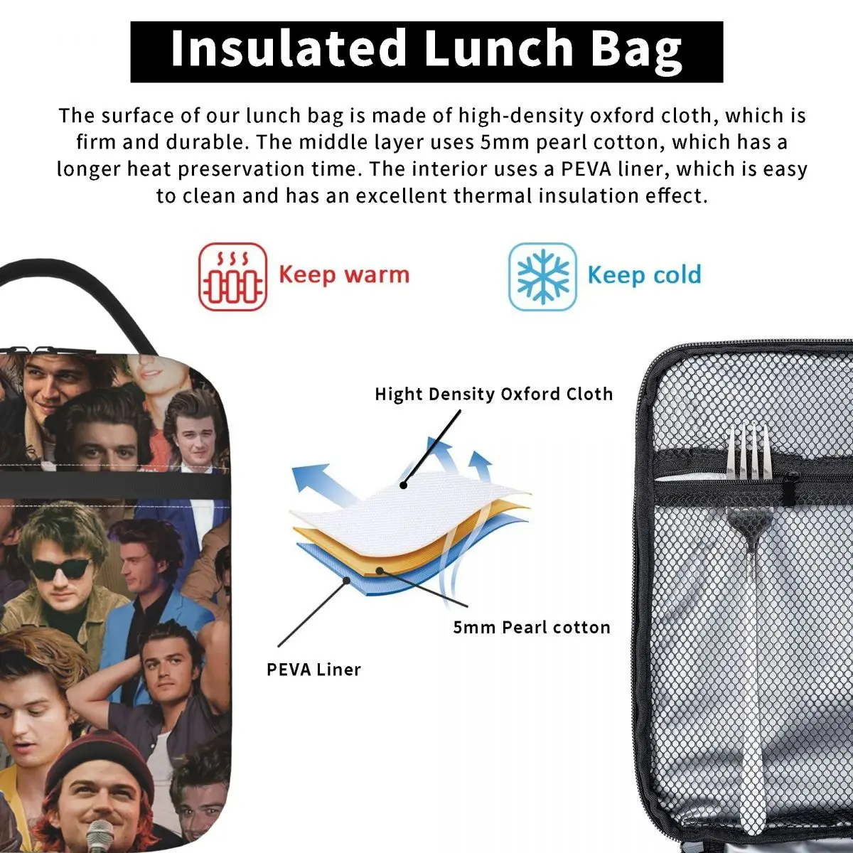 Joseph Keery Photo Collage Insulated Lunch Bag for Women Children Leakproof Food Boxes Thermal Lunch Box Tote
