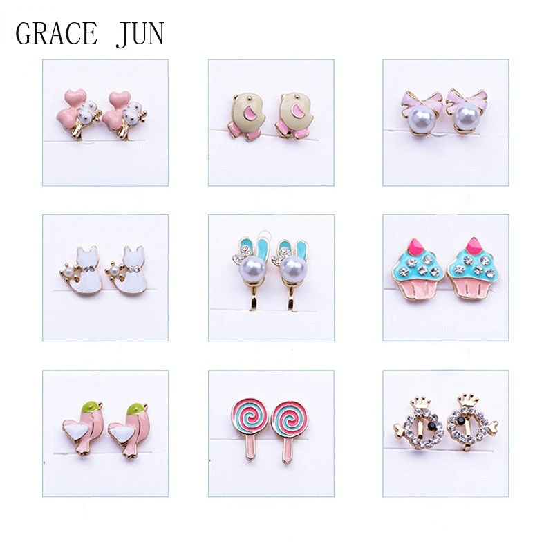 

GRACE JUN Cute Cartoon Animal Gold Color Clip on Earrings for Girls Fashion Enamel Pearl Flower Fish Cuff Ear Clip Wholesale