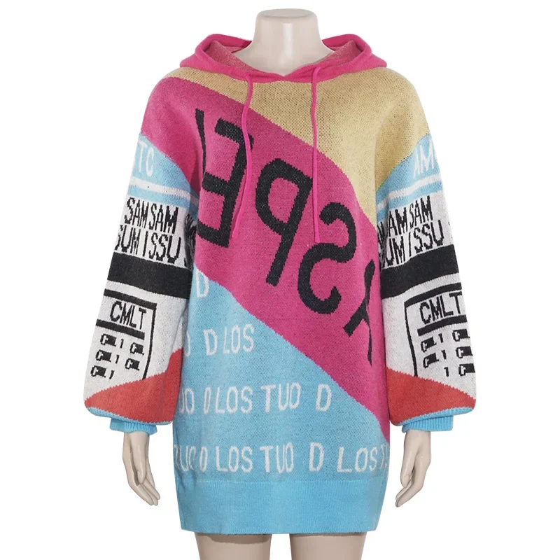 XIZOU Autumn Winter Women Sweaters O Neck Long Sleeve Hooded Color Block Pullover Letter Print Oversized Sweater Streetwear