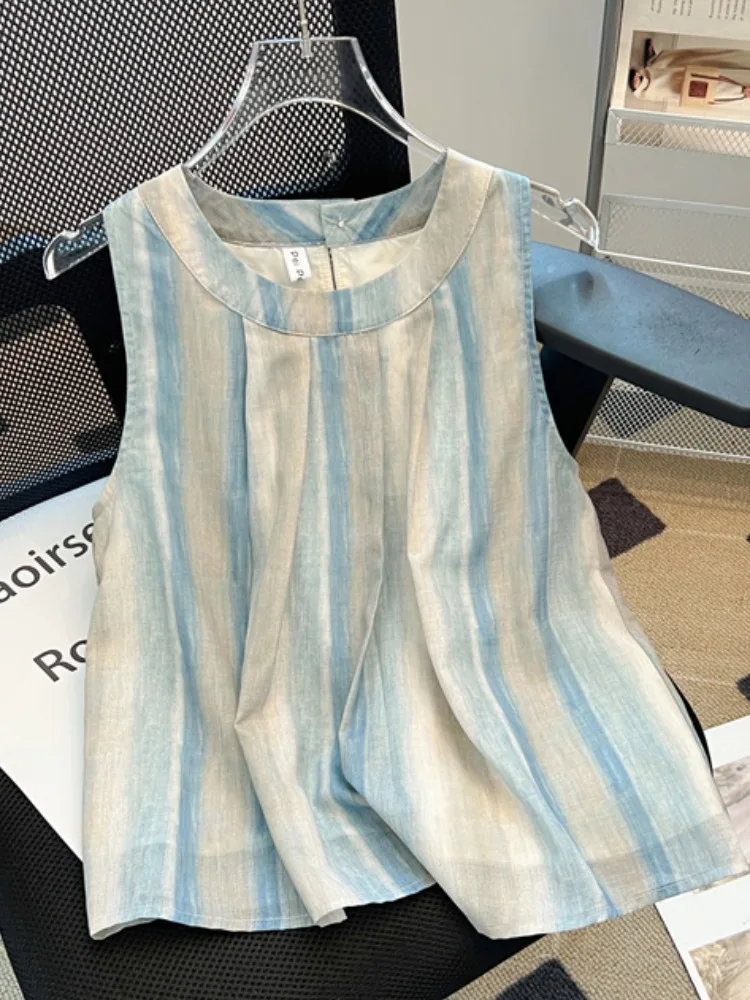 

Summer Stripe Dyed Chiffon Svel Top Women's Kept Sle Outerwear Design Sense round Ne Regular Length Korean Sle