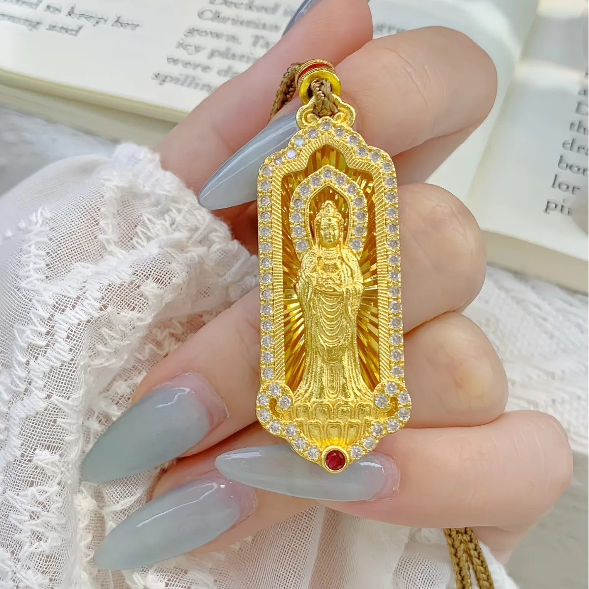 luxury real gold jewelry 24k certifid diamond five-party Buddha pendant CNC process laser necklace braided rope clavicle chain