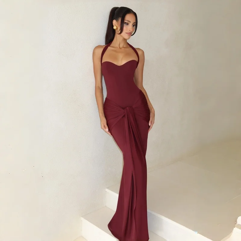 

2026 Burgundy Halter Neck Maxi Dress Lace-up Corset Formal Evening Gown Elegant Floor-Length Prom Dress Wedding Guest