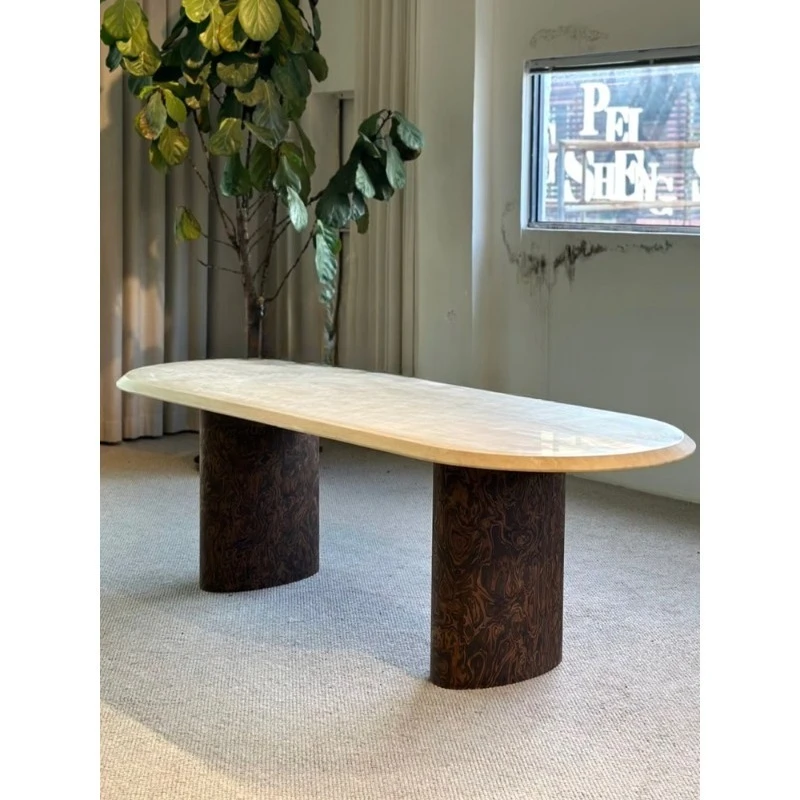 

Medieval style solid wood retro marble dining table art wabi sandy wind home villa oval dining table designer