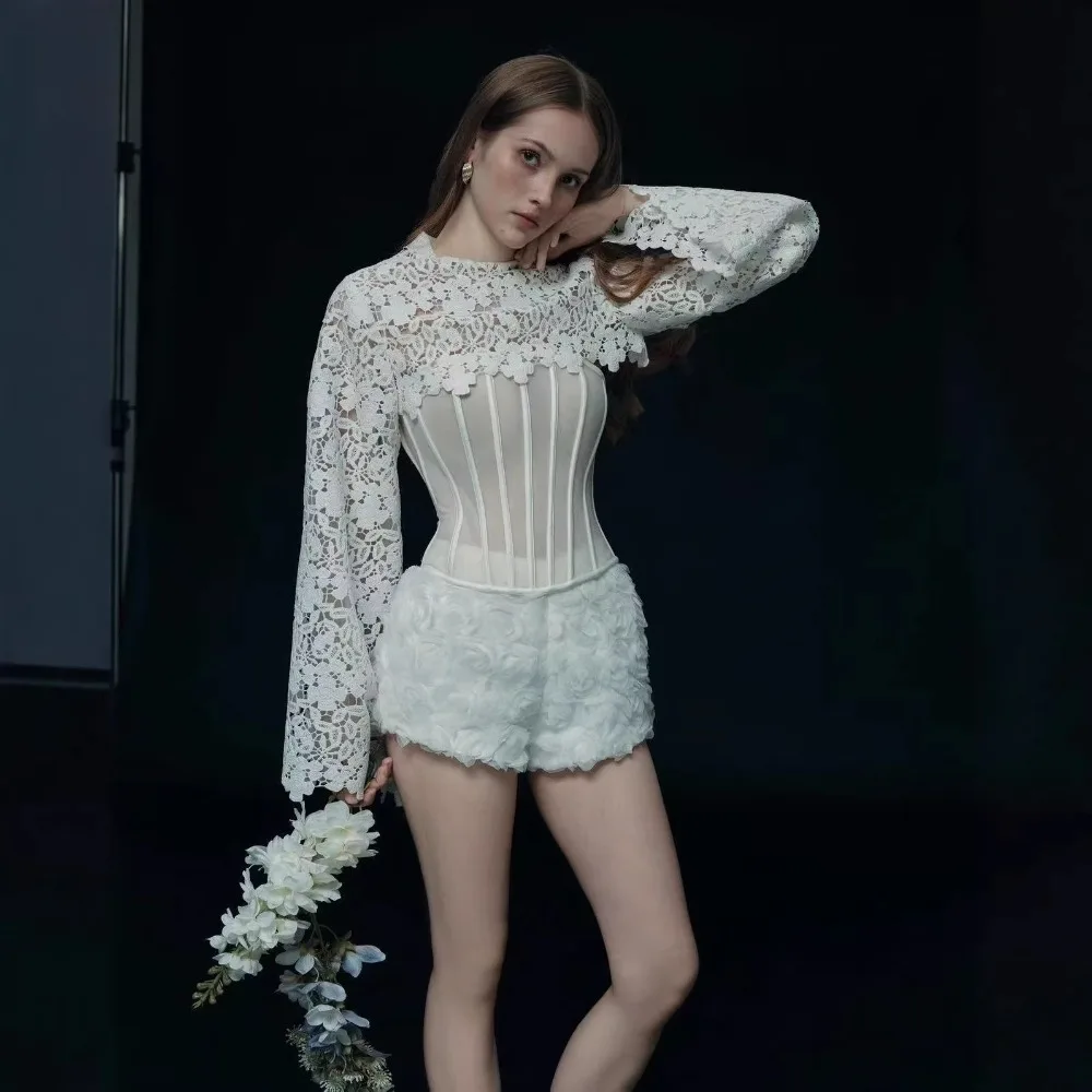 

Solid Flower Long Sleeve 3 Piece Set O-Neck High-Waist Slim Lace Fishbone Top And 3D Flower Shorts Set 2026 Spring Women's New