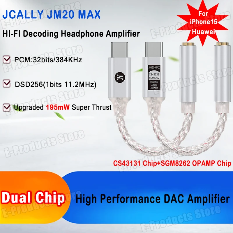 

JCALLY JM20 Max Digital Audio Adapter Dual Chip CS43131+SGM8262 Chip Portable Code Amplifier Type C To 3.5mm Earphone Amplifier