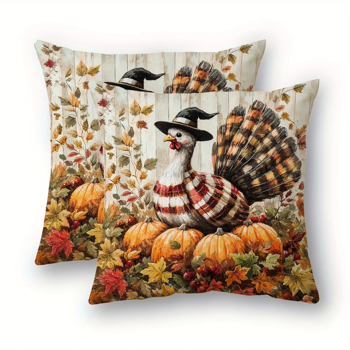 2pcs Autumn Thanksgiving Halloween Decorative Pillow Covers - Vintage Farmhouse Pumpkin Witch Hat Design in Fall Colors