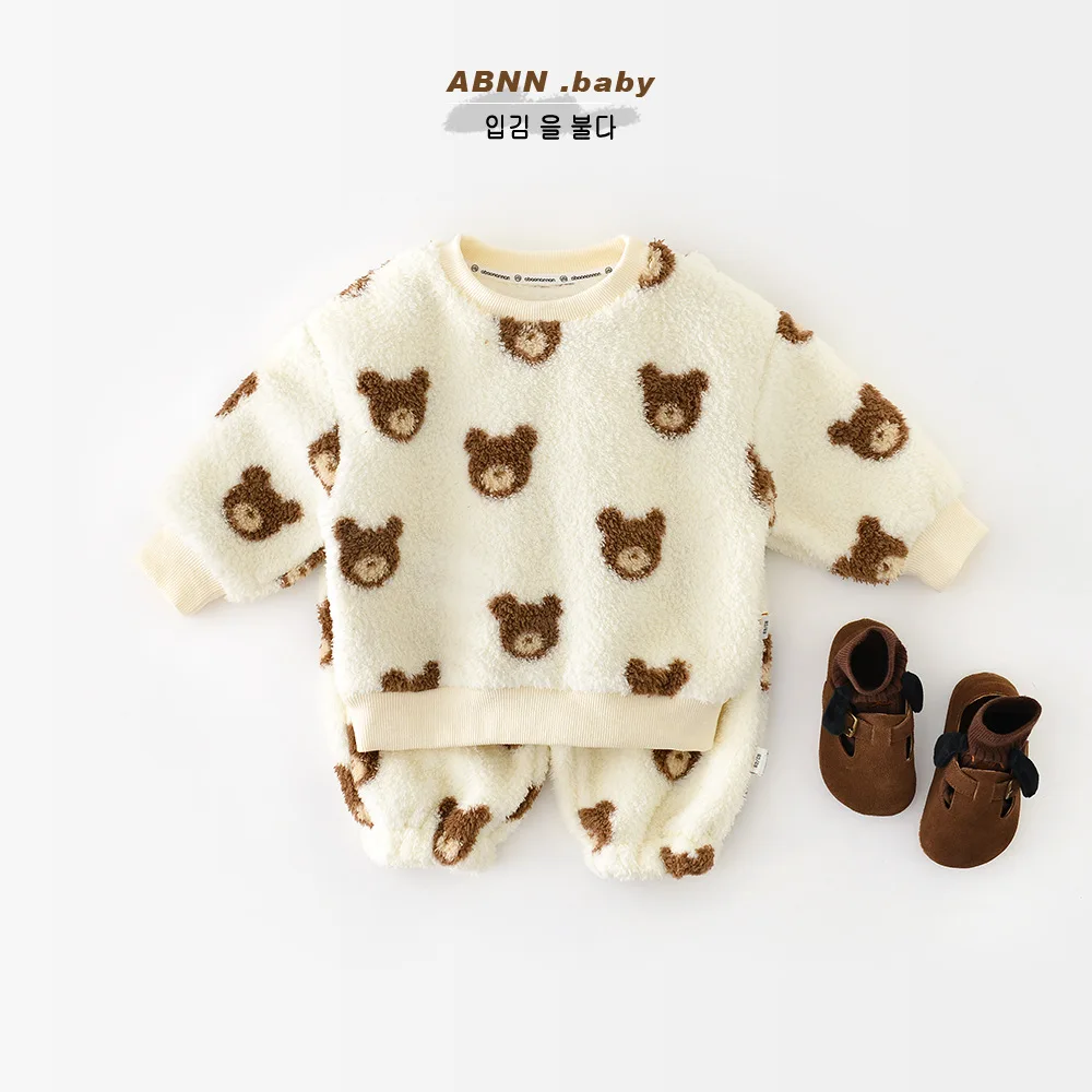 2024 Winter Infant Boys Pajamas Set Cartoon Bear Printed Velvet Warm Toddler Boys Homewears Thickened Baby Boys Jumpsuit