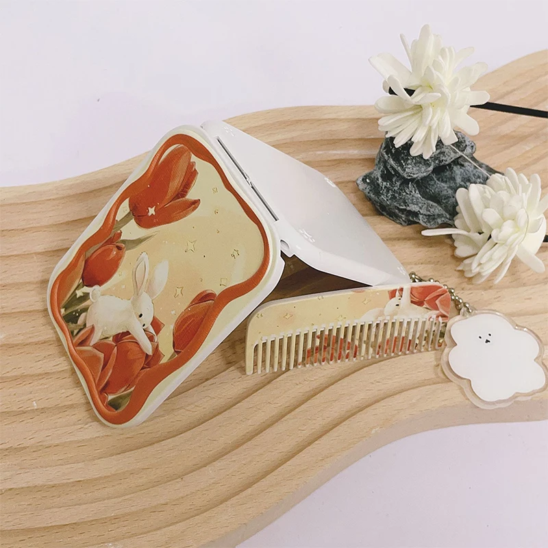 1 pz Fiore Coniglio Flip-Top Specchio per il trucco pieghevole Specchi tascabili portatili Specchio cosmetico rettangolare con pettine Donne Ragazze