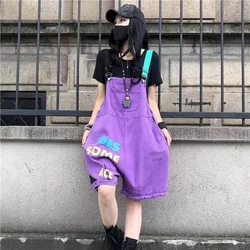 Denim Jumpsuits Oversized Five-point Pants One Piece Outfits Women Clothing Printed Pocket Wide Leg Shorts Casual Loose Bodysuit