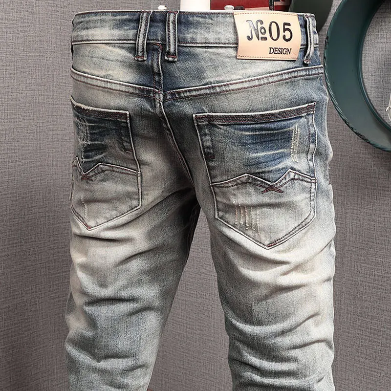 Newly Designer Fashion Men Jeans Retro Washed Elastic Stretch Slim Ripped Jeans Men Vintage Trousers Casual Denim Pants Hombre