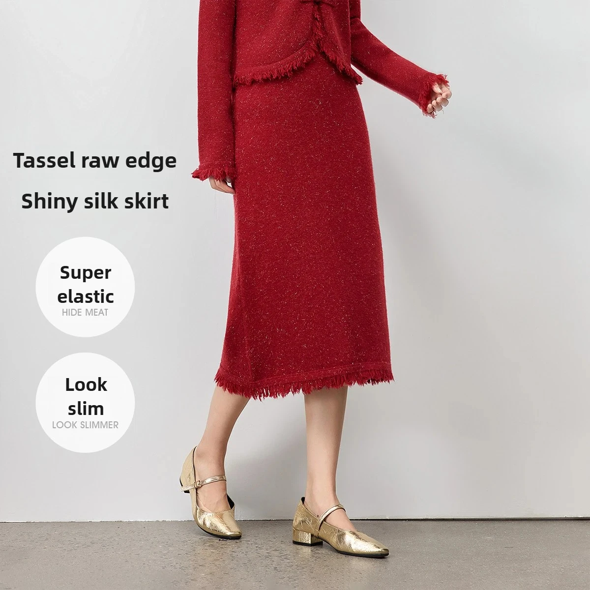 

SENTUBILA Chinese-Style Knitted Skirts Women 2025 Autumn Warm Coral Fleece Fringe Skirt Solid A-line Midi Skirt Female W54QA3794