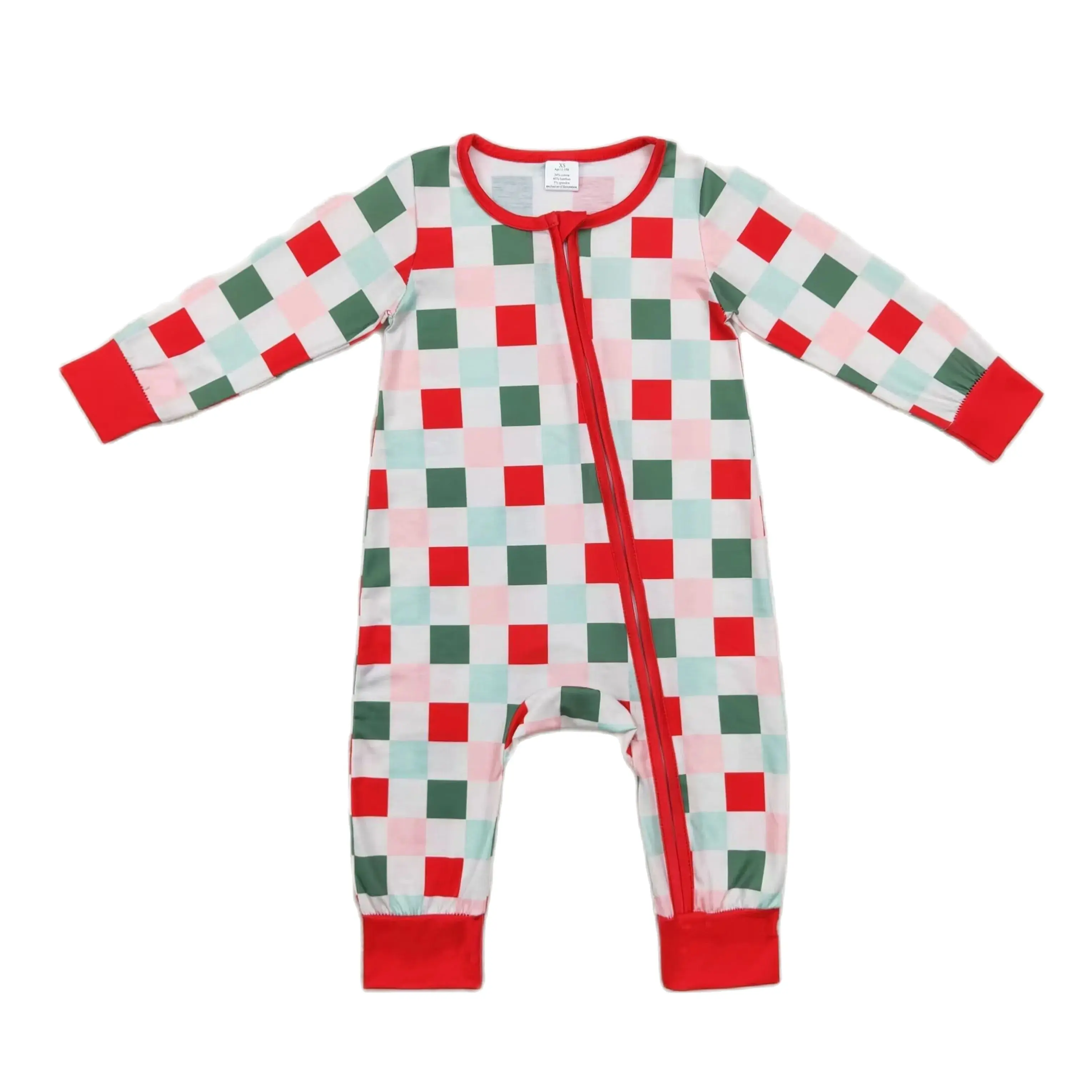 

Wholesale Baby Boy Christmas Toddler Checkered Romper Newborn Infant Children Red Green Button Kids Zipper Long Sleeve Jumpsuit