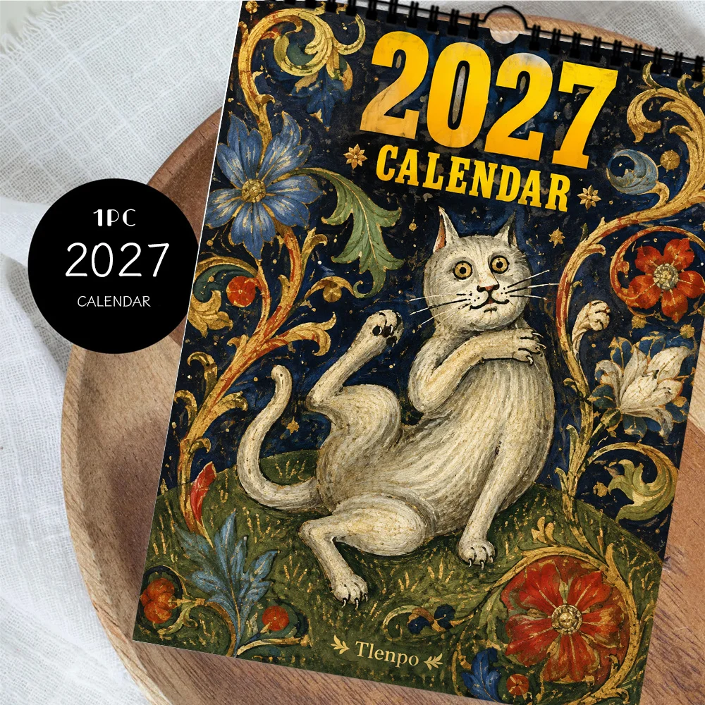 1pc 2027 Medieval Vintage Cat Wall Calendar,12‑Month Planner,Gift For ,Christmas,Halloween,New Year,Free Stickers Included