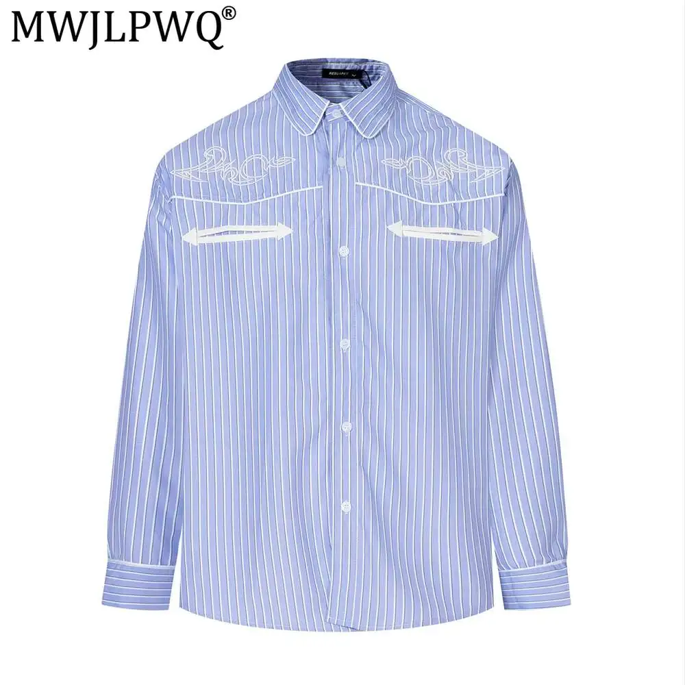 MWJLPWQ American-Style Loose-Fit Vertical Striped Shirt Long-Sleeve Men Trendy Letter Embroidery Pocket Design Stylish Top 20089