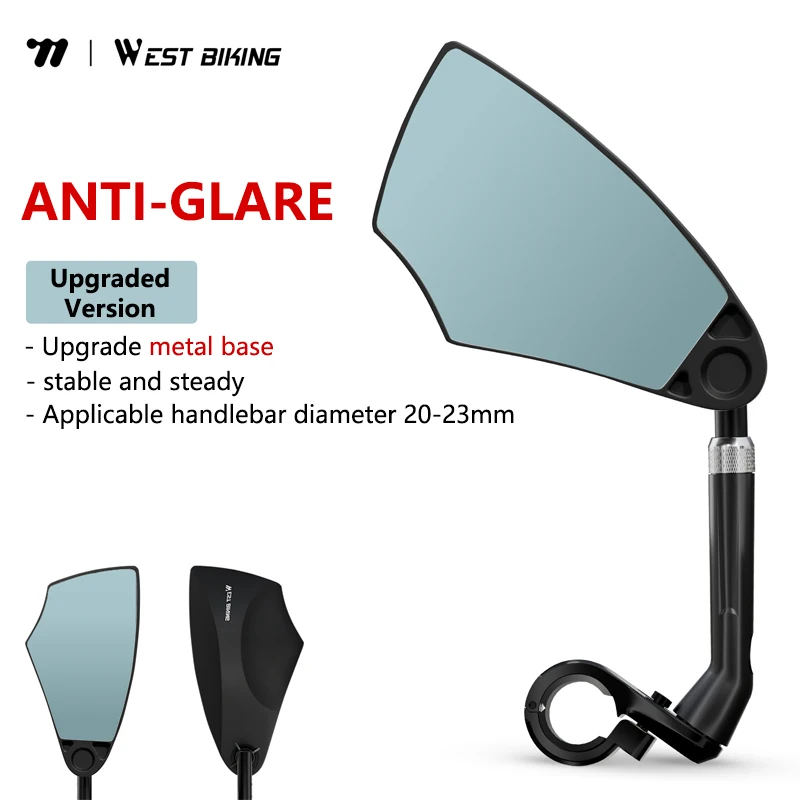 WEST BIKING Newly Upgraded Metal Base Anti-Glare Bicycle Rearview Mirror Telescopic 360° Adjustable For 20-23mm handlebar