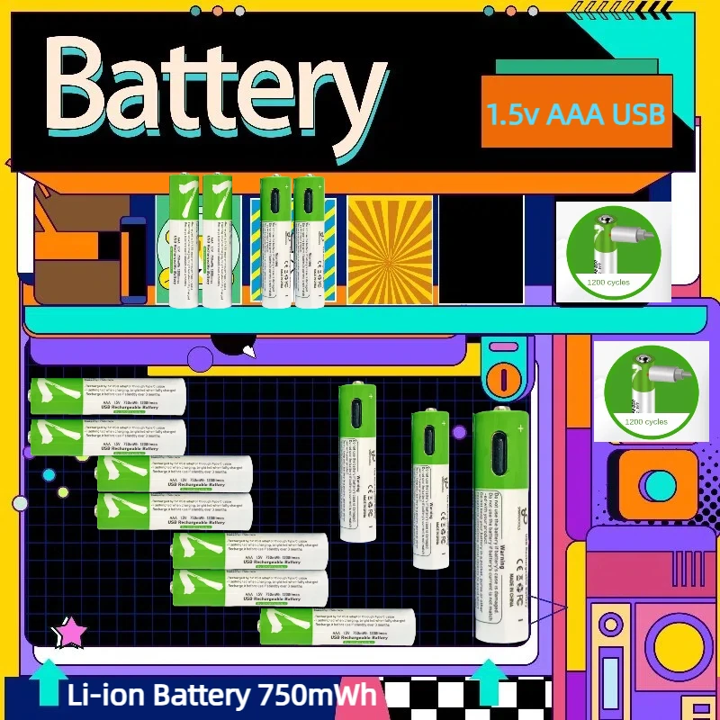 

Fast Charging 1.5V AAA Rechargeable Li-ion Battery 750mWh - USB Charging for Remote Control/Wireless Mouse/Keyboard