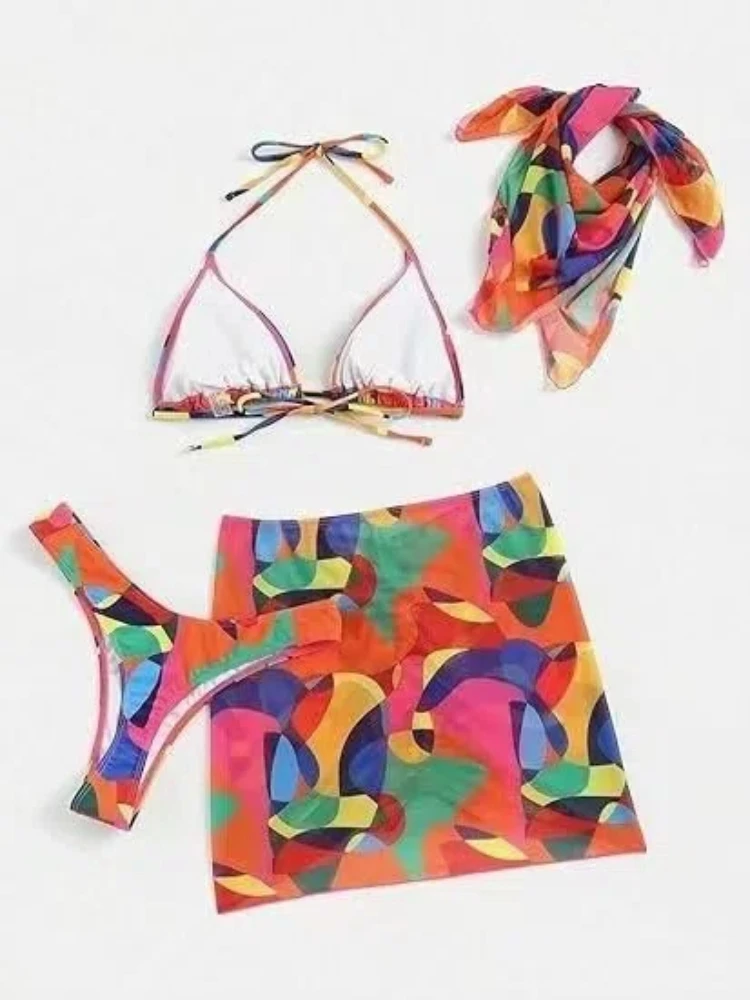 Sexy Matching 4-Piece Bikini Set with Headscarf & Cover Up 2026 Vibrant Tropical Print High Waisted Beach Swimsuit Boho Swimsuit