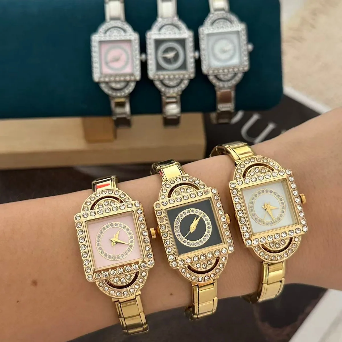 New 1PC Shiny Zircon Fashion Stainless Steel Square Watch Bracelet Bangle for Friend Birthday Men's Women's DIY Jewelry Gifts