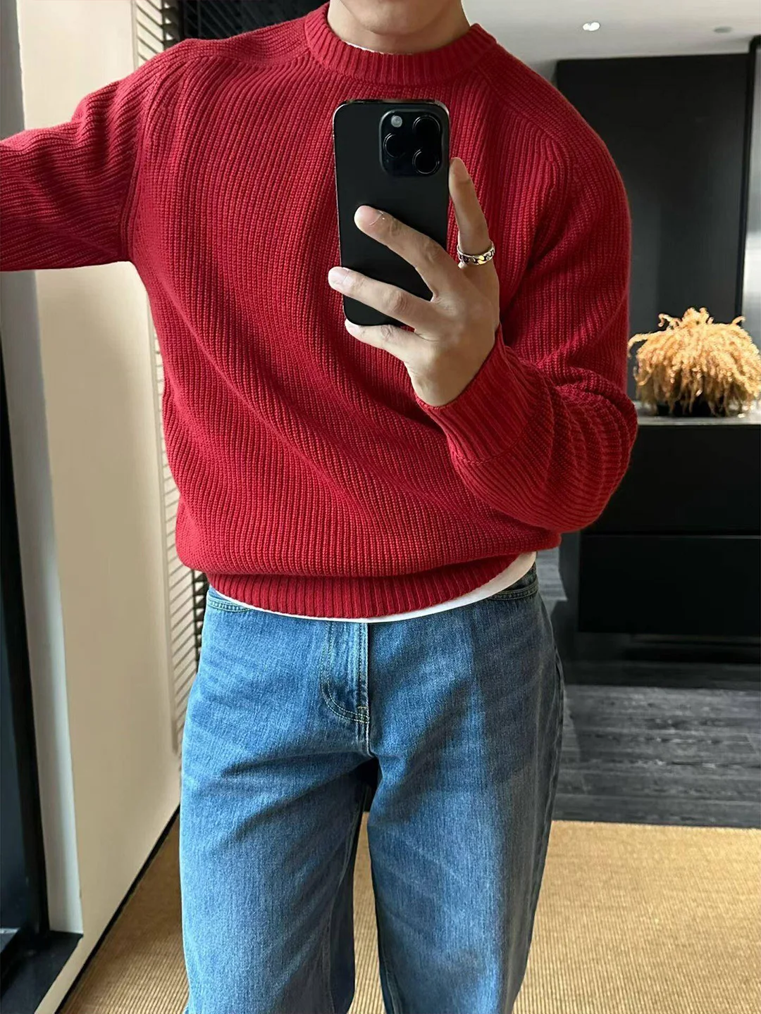 

Red round Ne Knitted Sweater for Men Casual Sle Autumn Winter Loose Fit Comfortable Soft Polyester Nylon Blend Basic Laye...