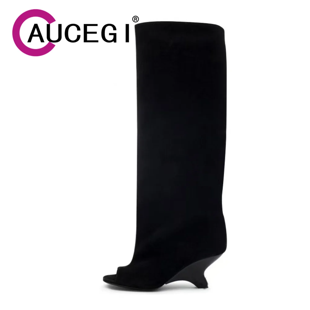

Aucegi/сапоги до колена с открытым носком, кожаные классические осенние пикантные женские туфли без шнуровки на каблуке специальной формы, большой размер 34-43