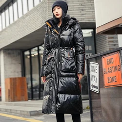 Winter 90 White Duck Down Coat For Women Long Glossy Down Jacket Parka 2023 New Loose Warm Hooded Casual Winter Snow Jacket Coat