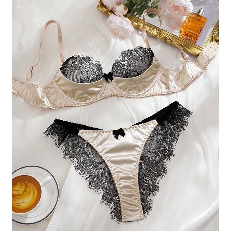 

Lingerie Ultra Sexy Lace Splicing Underwear Women Set Luxury Satin Steel Rings Bra Intimate Erotic Lingerie Three-Point Sexy Set