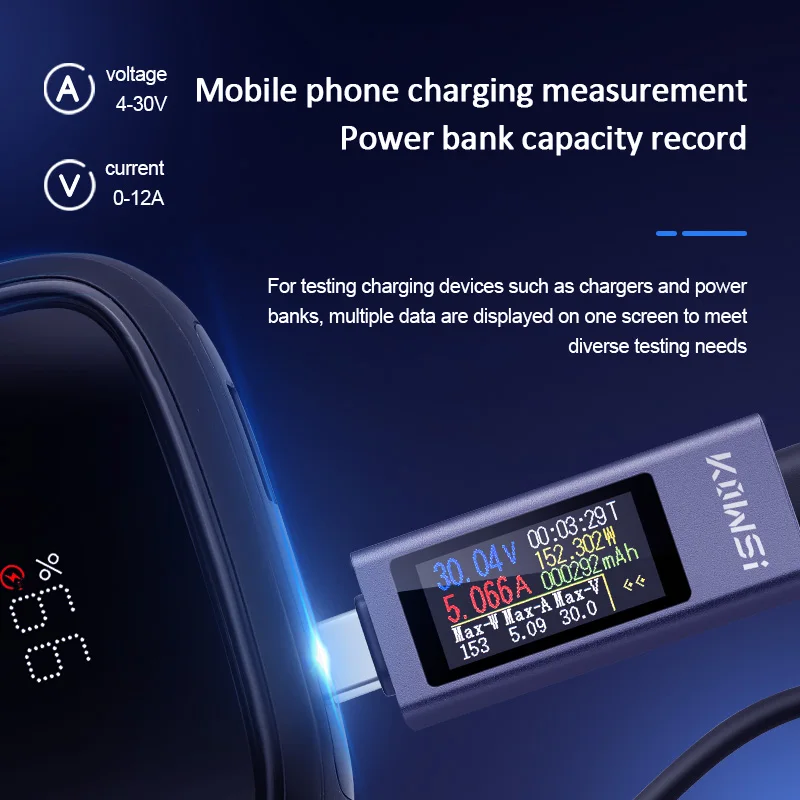 Type-C Multifunctioneel digitaal display DC-spanning Ampèremeter Power Meter DC 4-30V 12A Voltmeter Ampèremeter Oplader Capaciteitstester