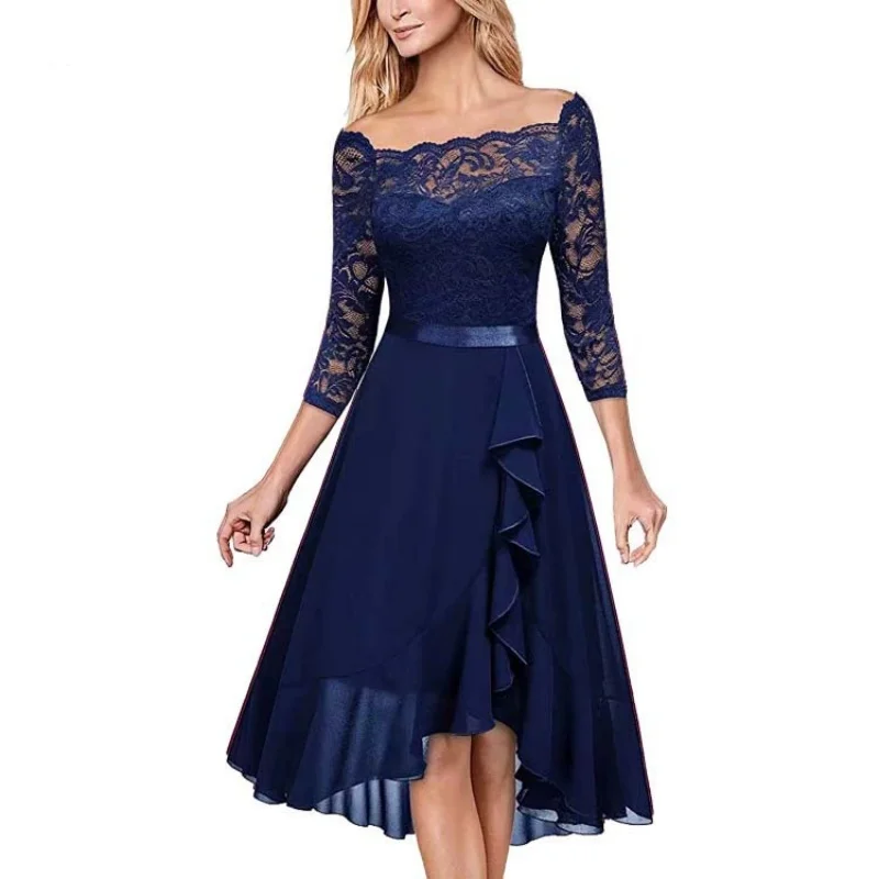

CD-1801#European and American Spring Evening Dress Bridesmaid Dress One Shoulder Lace Splice Chiffon Dress Supplier Wholesale