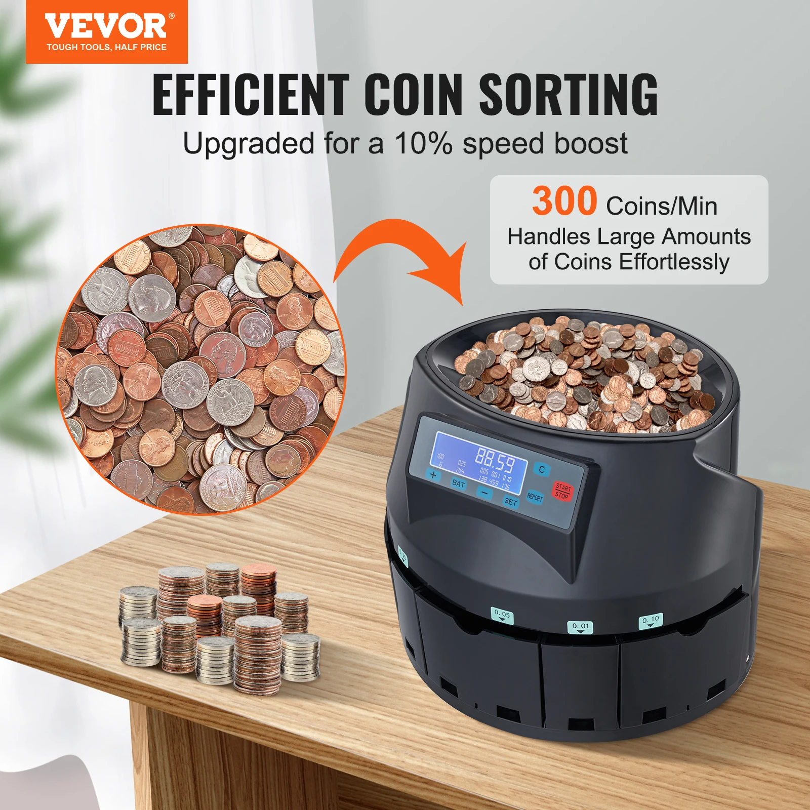 Vevor-Profissional Elétrica Máquina Automática, Sorter Coin, Contador com Display LED, Escola Loja, Banco Preto, 230.300 Moedas/Min