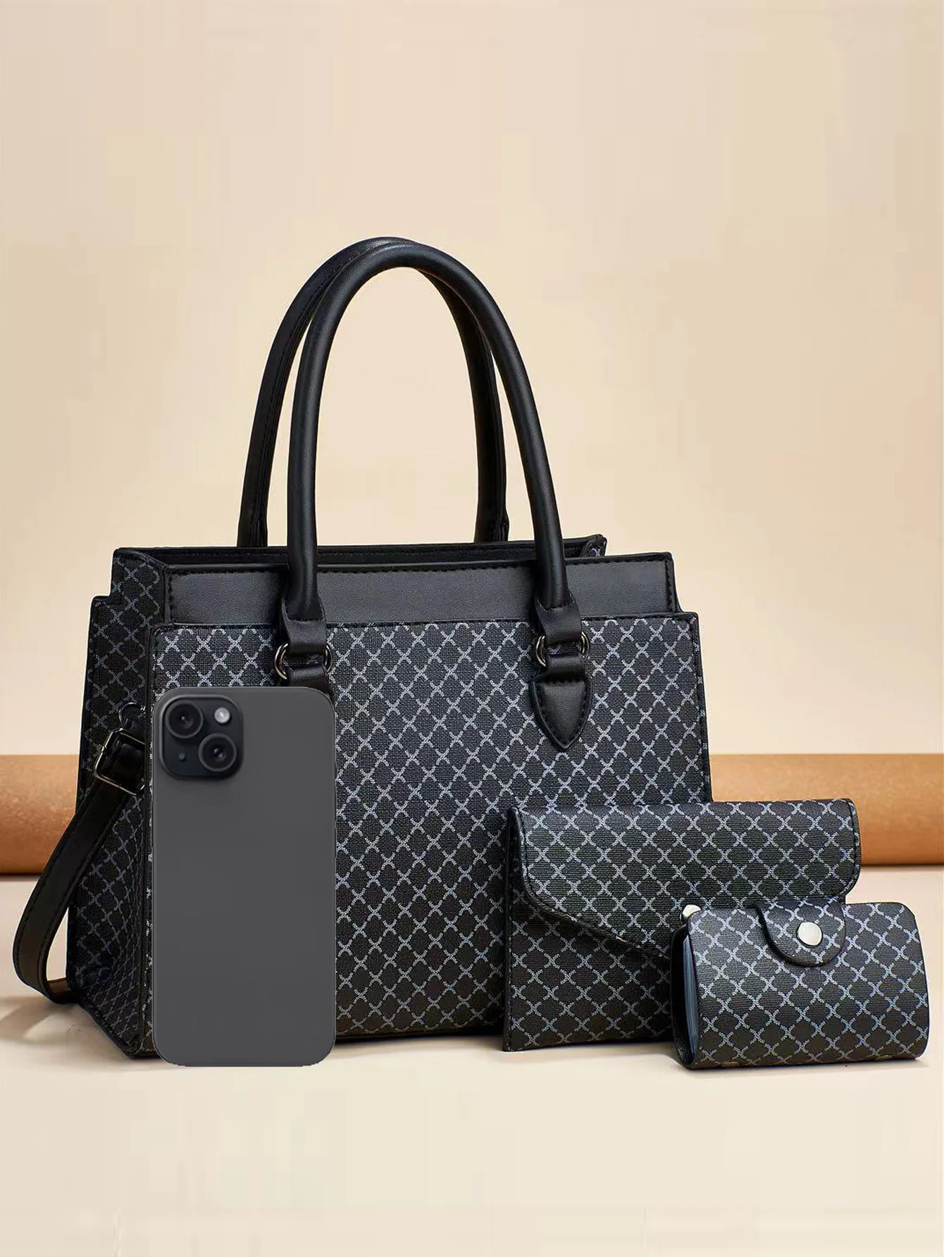 Elegante borsa combinata portatile da donna con stampa a quadri di diamanti di tendenza retrò, croce monospalla di grande capacità all-in-one senior