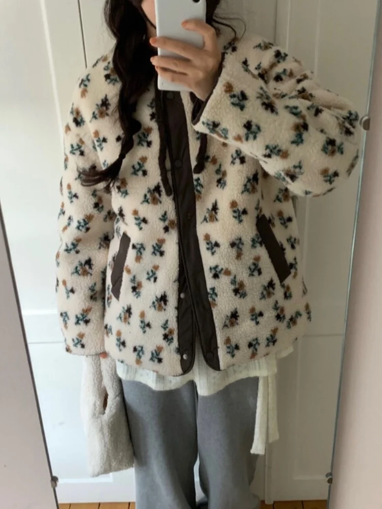 Koreański płaszcz z futra jagnięcego, dwustronny, z efektem matowego wykończenia, w kwiatowy wzór, kolorowy, bawełniany, damski, leniwy płaszcz zimowy, odzież wierzchnia.
