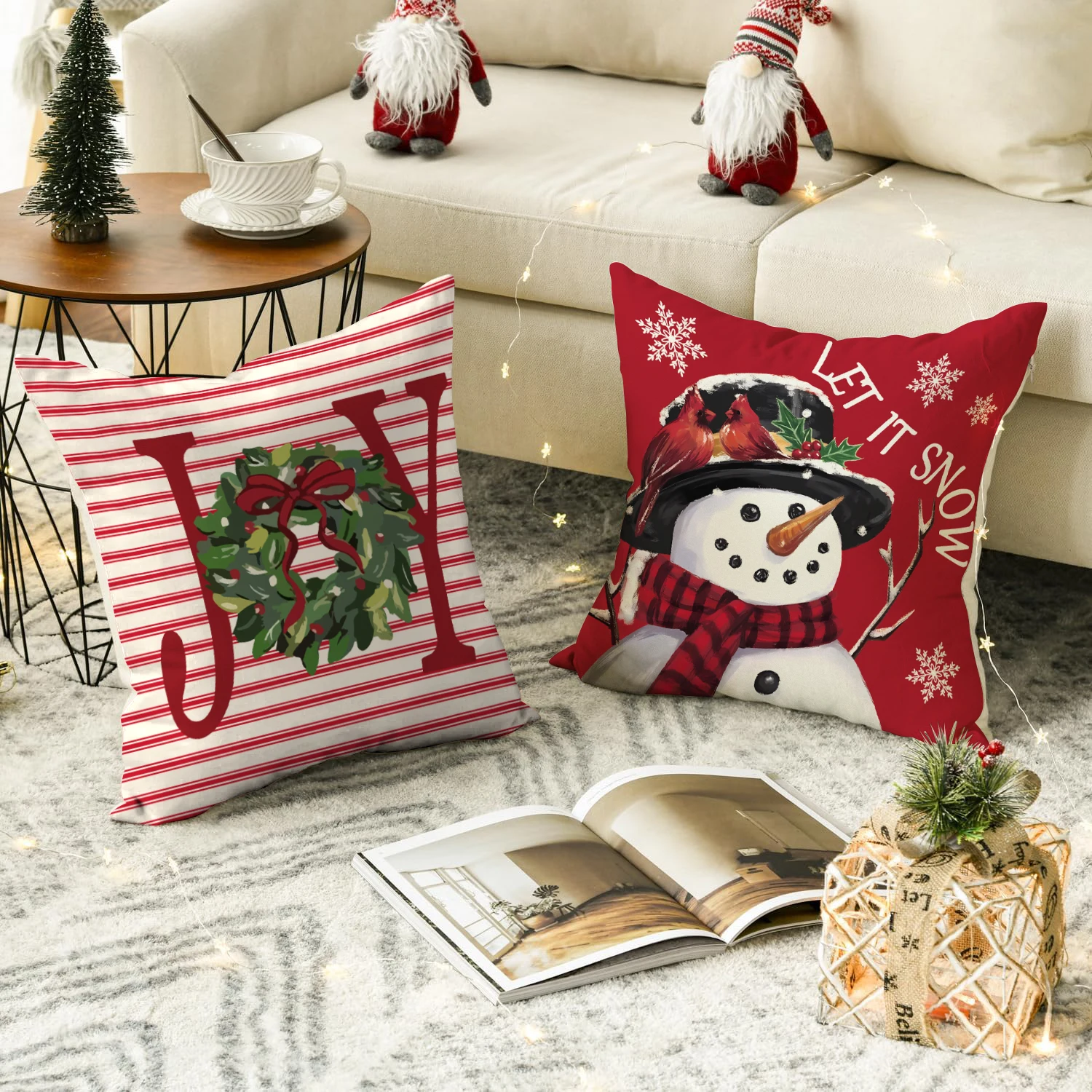 Christmas Throw Pillow Covers, Red Stripe JOY Wreath & Snowman Cardinal Print Decorative Cushion Cases, Xmas Sofa Home