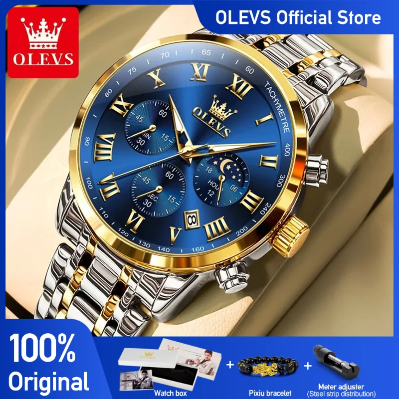 OLEVS 5529 Mens Watch Original Waterproof Luminous Quartz Watch Automatic Date Watch For Men Moon Phase With Box Reloj Hombre