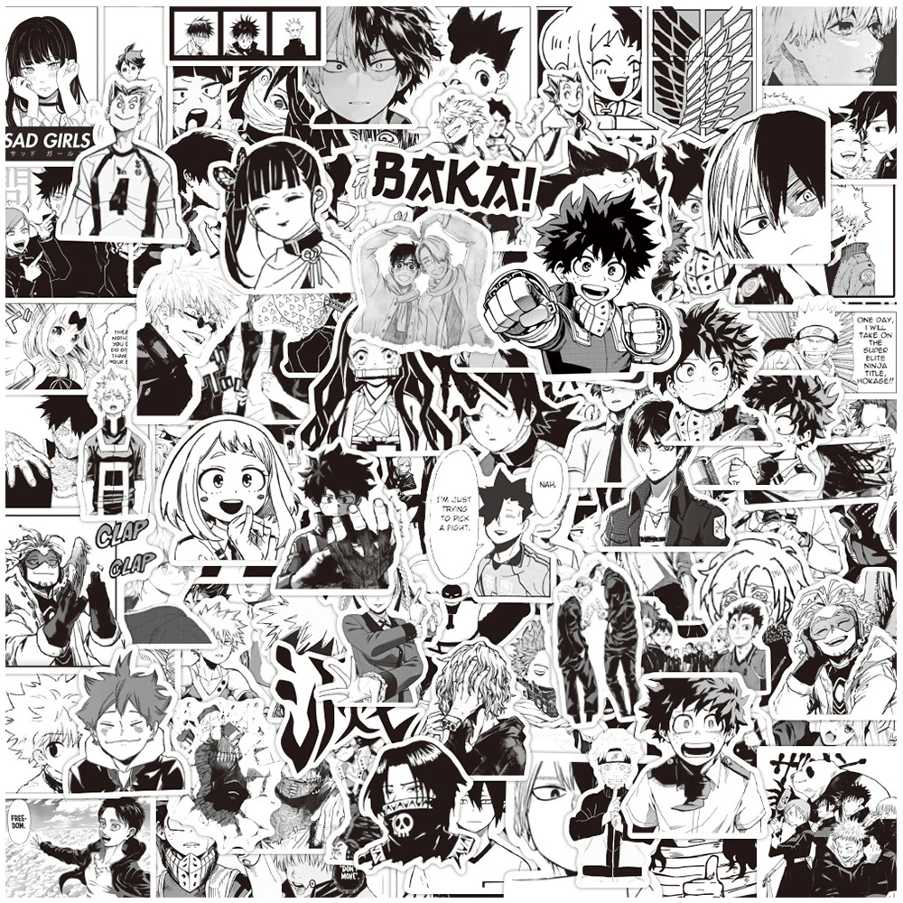 10/30/50/100pcs Mixed Black White Anime Stickers Jujutsu Kaisen HUNTER×HUNTER Sticker Guitar Notebook Phone Manga Decals Decor