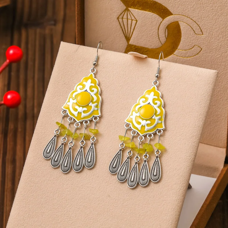 New Ethnic Irregular Natural Stone Metal Water Drop Earrings for Women Vintage Drop Oil Pattern Silver Color Earring Jewelry