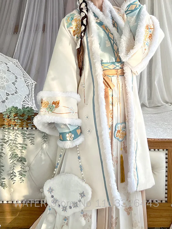 WATER Winter Hanfu Dresses Sets Women Traditional Chinese Style Warm Song Dynasty White Vintage Plush Princess Dress Lady Robes