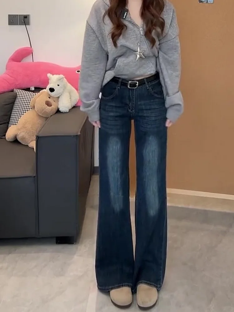 حجم كبير Fce اصطف Thiened مايكرو متوهج الدينيم الجينز المرأة عالية الخصر مستقيم الساق بنطال ذو قصة أرجل واسعة لباس غير رسمي