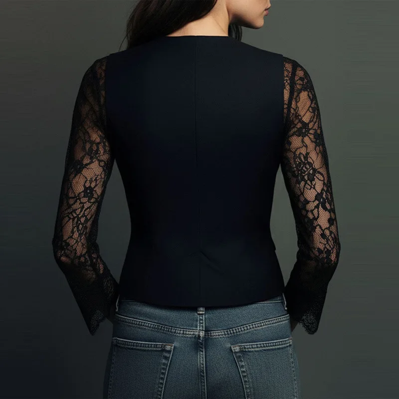 QICHE 2026 Women Autumn Winter Elegant Lace Spliced Blazer Sexy Designer Long Sleeve Lapel Suit Jacket