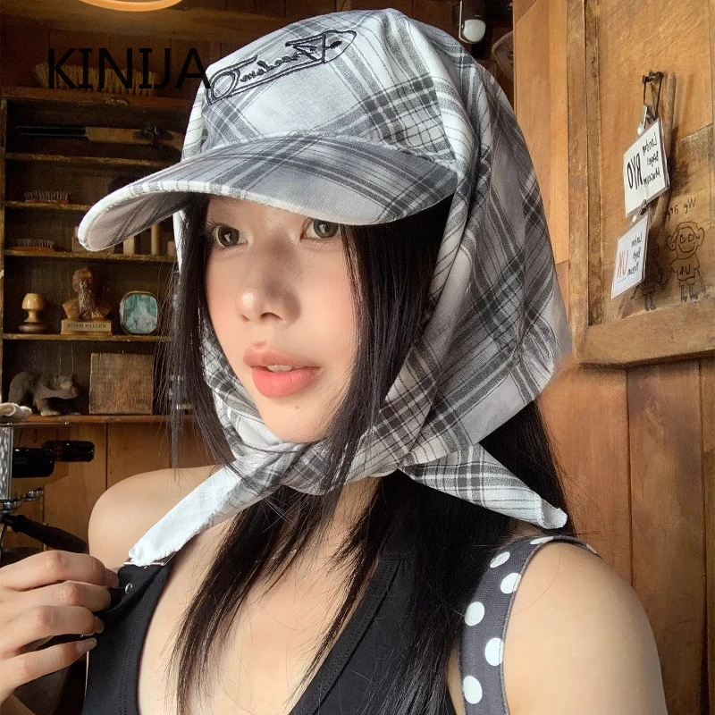 Koreanische Kopftücher mit farbigem Karomuster für Damen, Sommer, Seadise, Strandurlaub, Sonnenschutz, Y2k, vielseitiger Sonnenhut über dem Kopf
