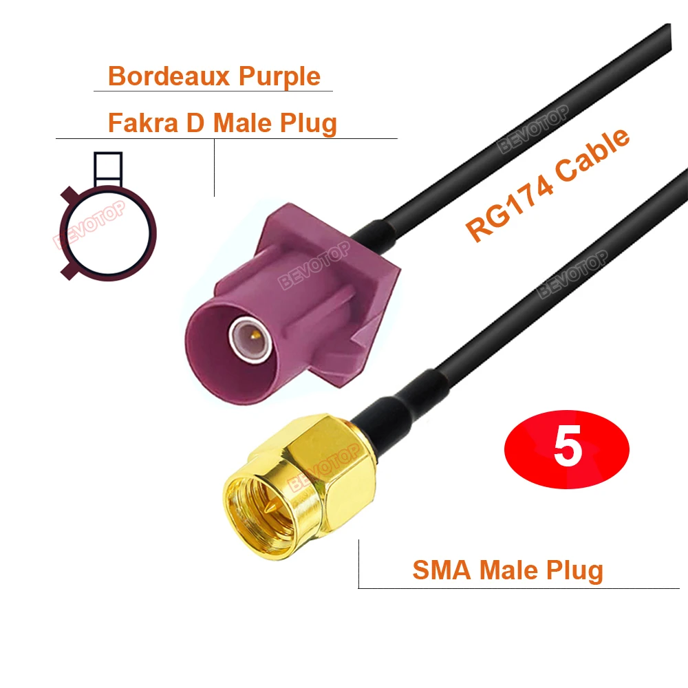 1PCS 10CM~20M Fakra D to SMA Male / Female RG174 Extension Jumper for GSM Wire Harness BEVOTOP Custom-made Pigtail