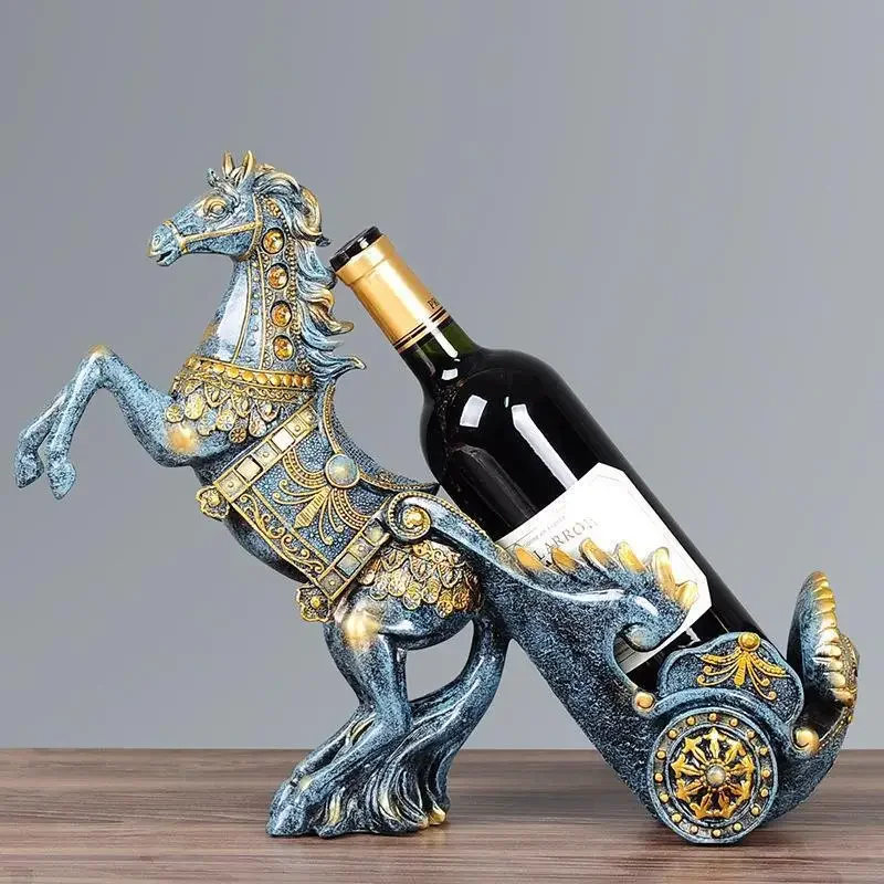 Decorative European Red Wine Rack Straight Hair Horse Pulling Cart To Success Retro Wine Cabinet Home Decor Ornament Crafts
