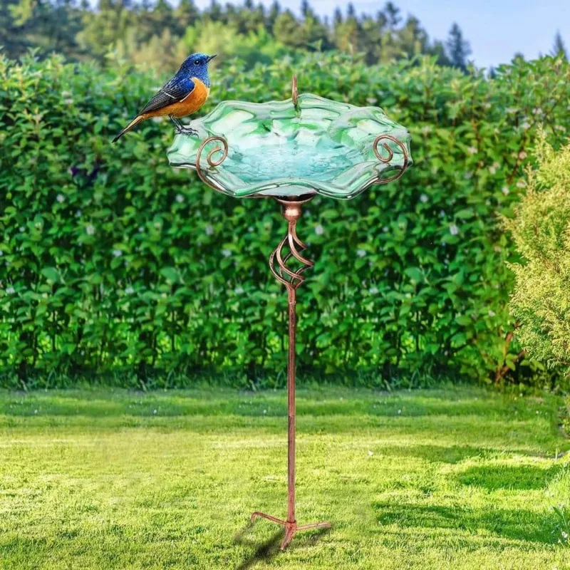 

US 31 in. Bird Bath Glass Outdoor Birdbaths Garden Yard Decor Bird Feeder with Metal Stake Green