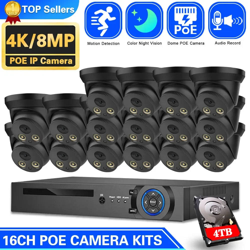 

H.265 16CH 4K 8MP POE Security NVR Camera System Audio Record Dome Full Color Night Vision Video Surveillance Protection Kit