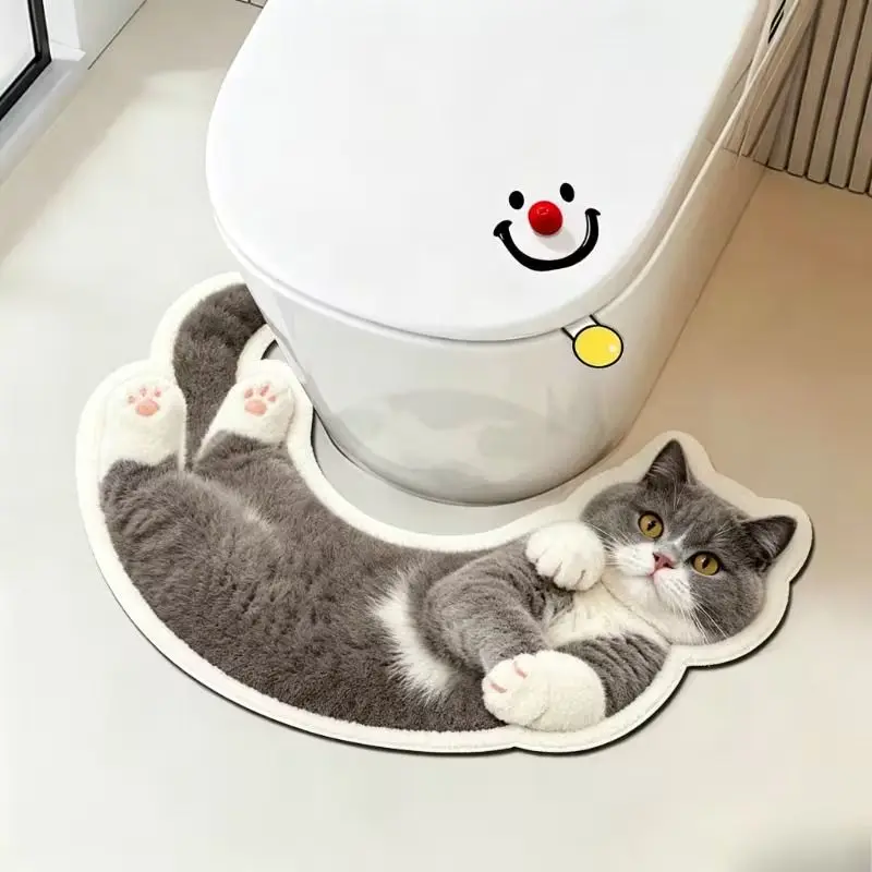 VIKAMA British Shorthair Cat U-Shaped Toilet Mat, Cute Kitten Absorbent Non-Slip Rug, Toilet Base Bathroom Home Decor