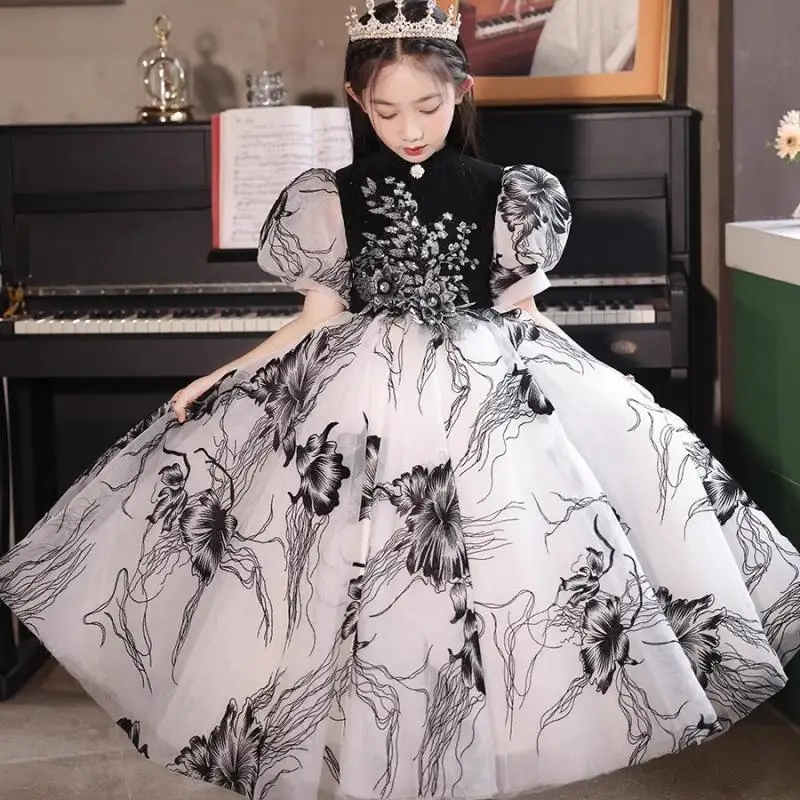 

2024 Girl Bubble Sleeves Princess Dress New Ink Painting Style Dresses Fashion Party Evening Gown Children Elegant Flower Frocks