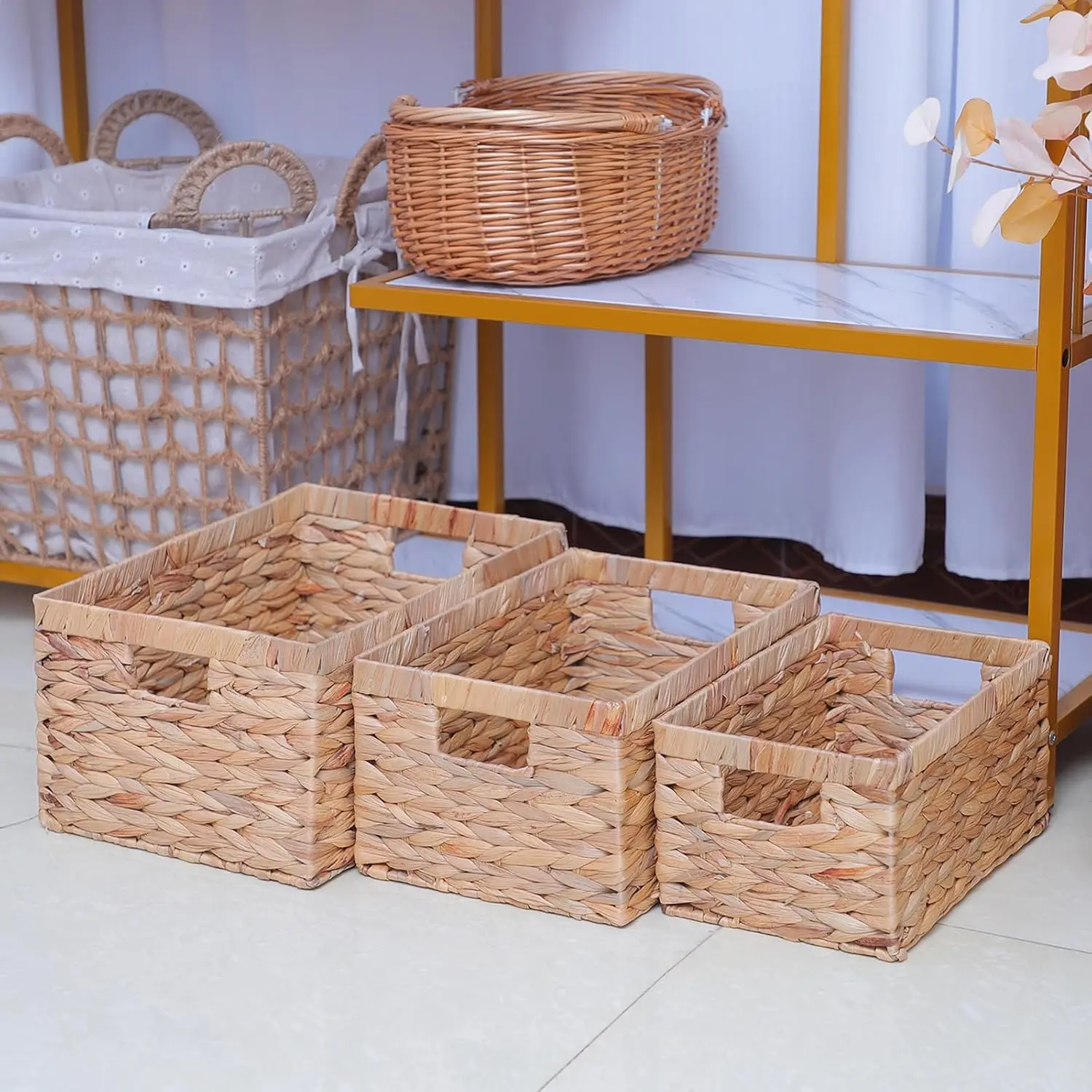 Handwoven Water Hyacinth Rectangular Storage Basket with Inside Handle, Large Size for Home Organization
