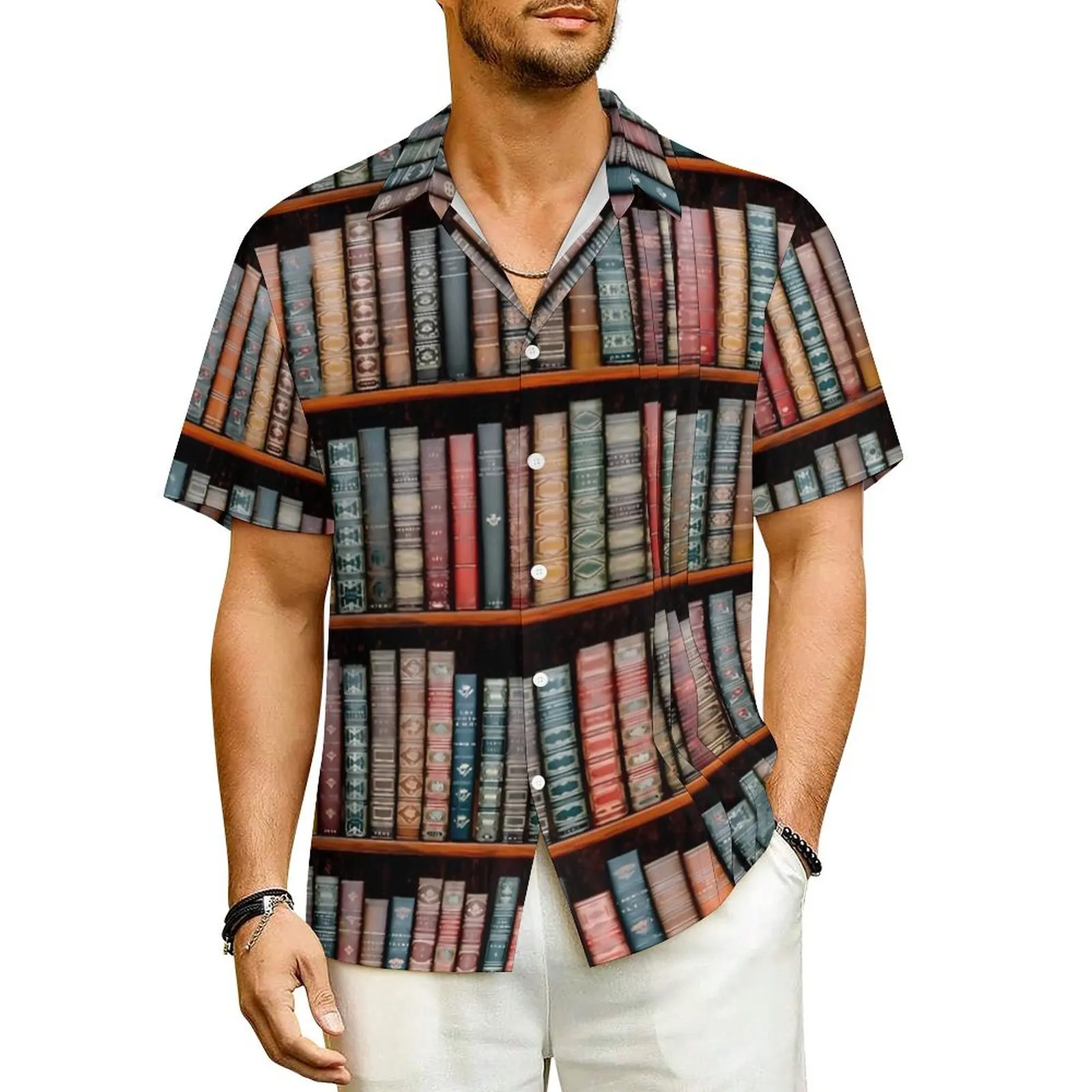 

The Library Vacation Shirt Book Print Summer Casual Shirts Men Classic Blouses Short Sleeve Y2K Fashion Graphic Clothing