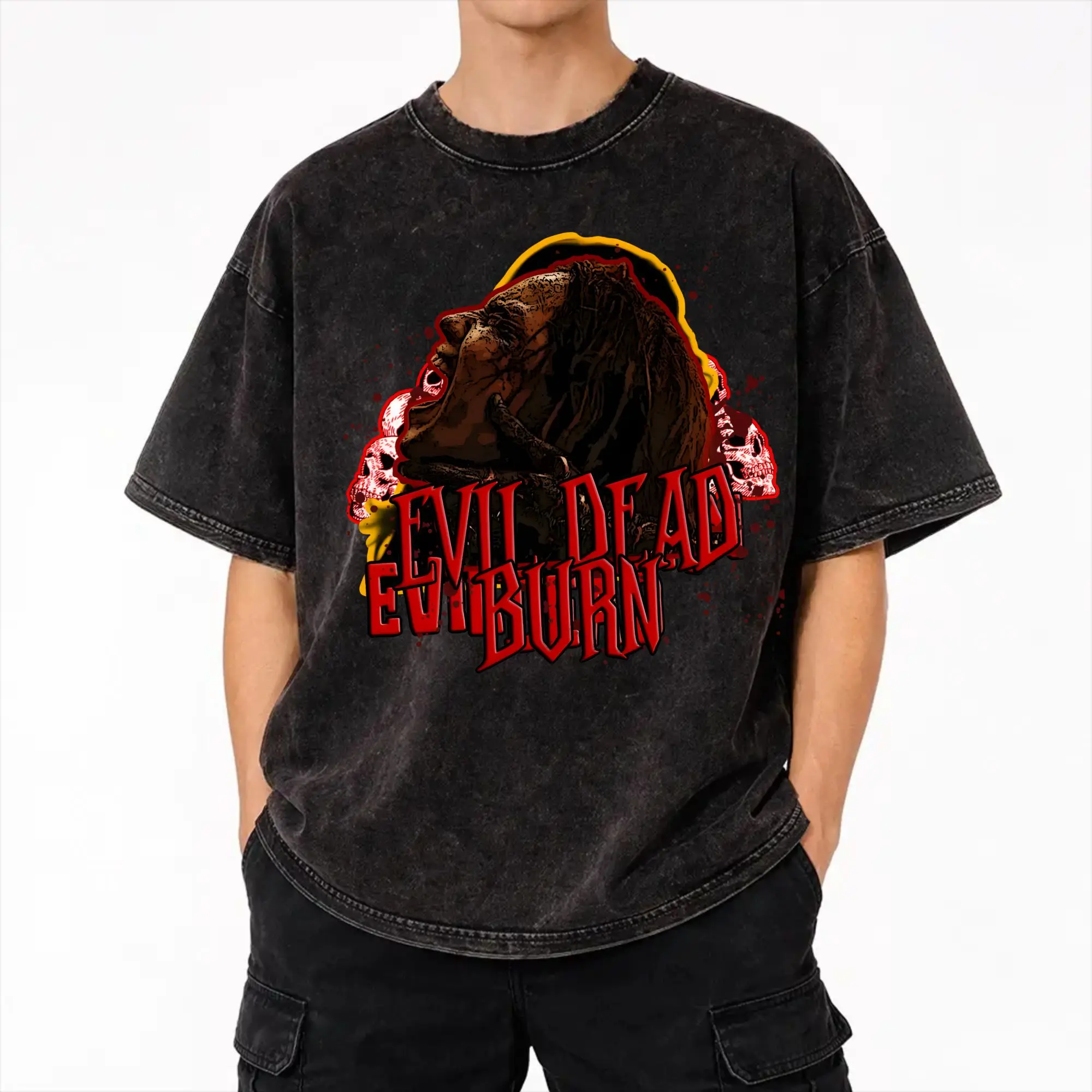 Harajuku Washed Shirts evil dead burn 2026 Outfit Vintage T Shirt Oversize  Streetwear 100% Cotton Graphic Printed Tees